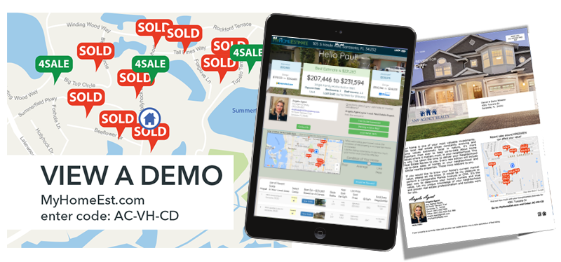 Example of website and postcard. 'View a demo a myhomeest.com and enter code: AC-VH-CD'